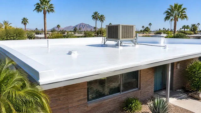 Flat roof on a mid-century Arizona home freshly sprayed with polyurethane foam and finished with a bright white elastomeric coating, low parapet walls, rooftop AC unit on a stand, blue sky and palm tops