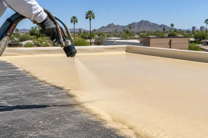 Spray polyurethane foam being applied to a flat roof, a smooth tan foam layer rising across the surface, applicator's arm only, no face