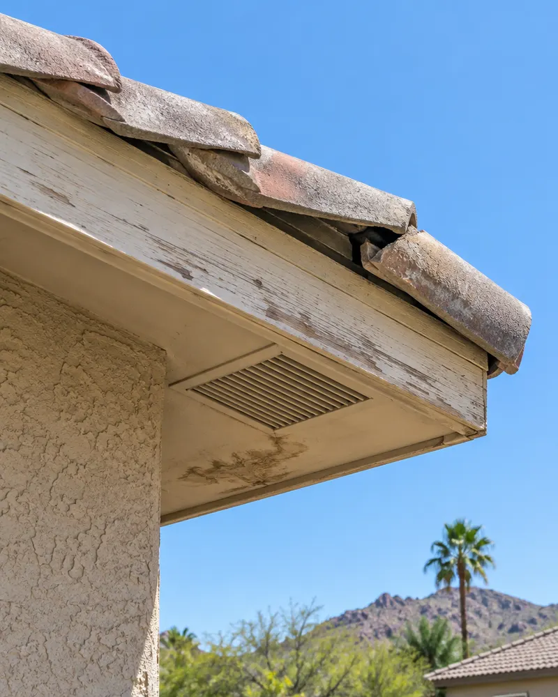 Looking up at the eave of a Tempe stucco home with a concrete tile roof: sun-faded tiles, a slipped tile near the edge, weathered fascia board and a stained soffit vent, bright sky