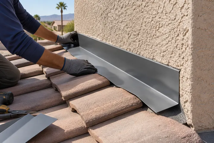 Roof-to-wall flashing being replaced where a tile roof meets a stucco wall, new metal counter flashing, no faces
