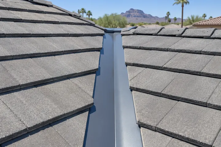 Clean new metal valley pan running down between two planes of a concrete tile roof, tiles neatly cut along the edges