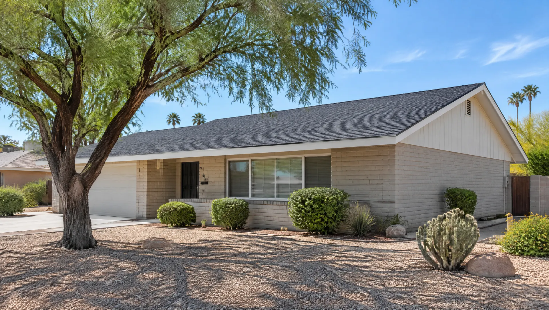 New charcoal architectural asphalt shingle roof on a 1960s single-story ranch home in Tempe, Arizona with a gable end, white fascia, mature mesquite tree and gravel front yard, sunny day