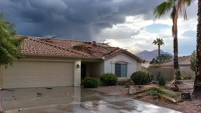 Tempe ranch home after a summer monsoon storm with dramatic dark clouds clearing in the distance, a section of the tile roof with a few displaced tiles and broken palm fronds on the roof, wet driveway