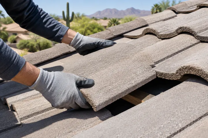 Gloved hands sliding a new concrete roof tile into place on a tile roof, no face visible