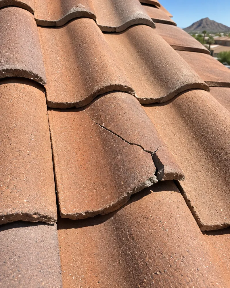 Close-up of a cracked terracotta concrete roof tile among intact tiles on an Arizona roof, harsh sunlight