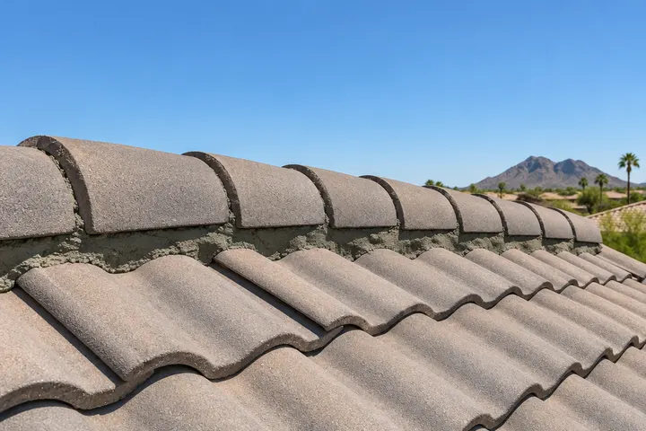 Row of ridge cap tiles on a concrete tile roof with fresh mortar bedding, straight line against the blue sky