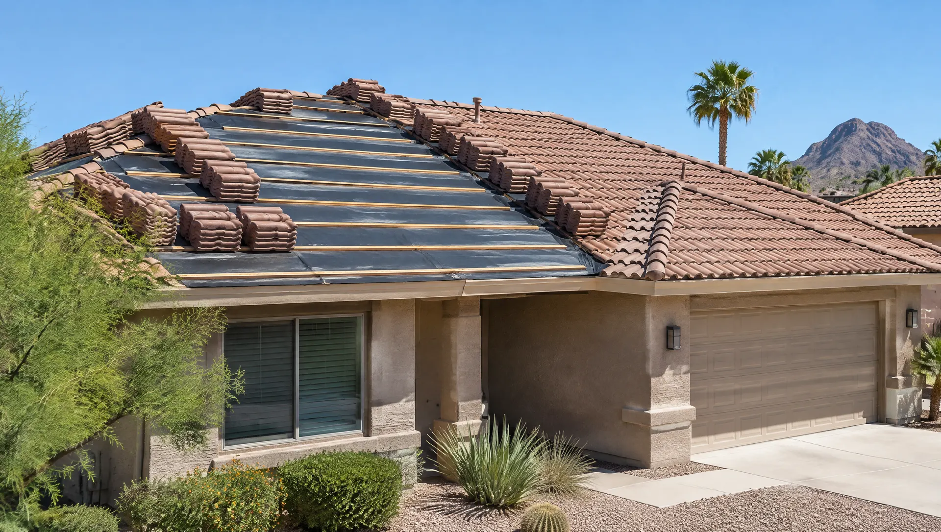 Tile roof re-lay in progress on a Tempe single-story home: one section stripped to new dark synthetic underlayment and wood battens, stacks of original clay-colored concrete tiles neatly staged on the roof, the rest still tiled, clear sky