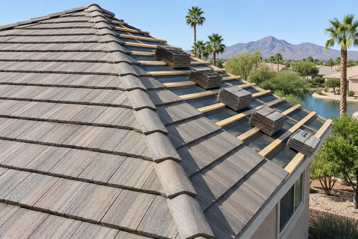 Original concrete roof tiles being reset in straight courses over new battens, half the roof finished